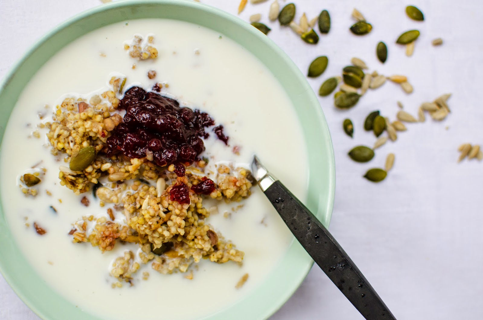 Hirsgröt med frön och torkad frukter