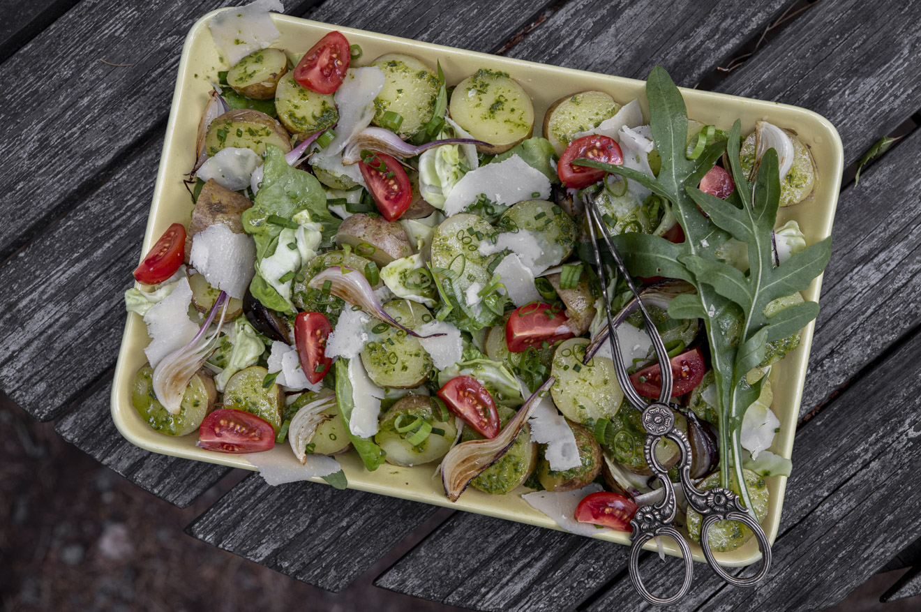 Potatissallad med smak av vinterkyndel och basilika